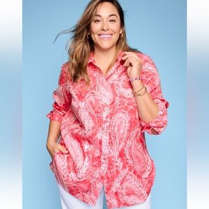 Talbots Plus Linen Boyfriend Shirt Long Sleeve Top in Brushed Paisley 2X…